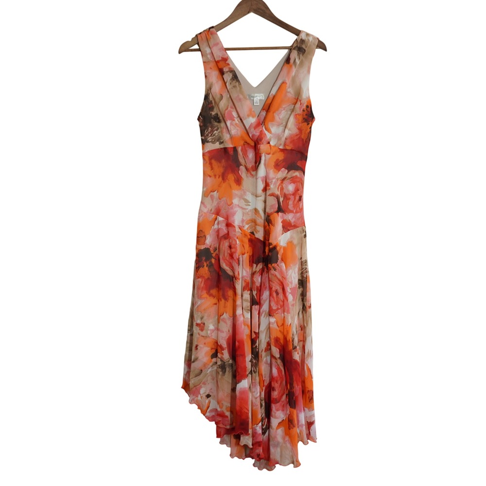 Y2K Floral Chiffon Maxi Dress Size 14 Orange Pink Watercolor Asymmetric Flowy